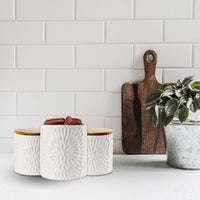 TRIS DI BISCOTTIERE IN CERAMICA CON TAPPO IN LEGNO 2 DA 10X12.5 CM E UNA 13X16 CM BIANCHE