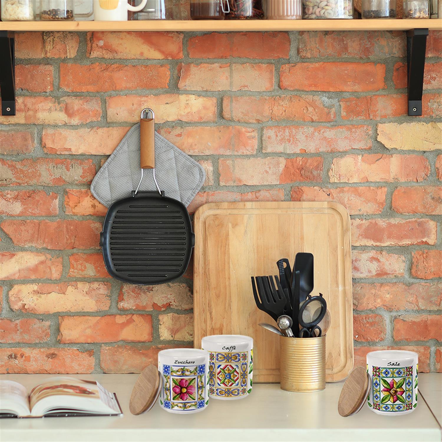 MAURY'S TERRA E SOLE TRIS BARATTOLI SALE,ZUCCHERO E CAFFÈ IN CERAMICA 10 X 12 CM