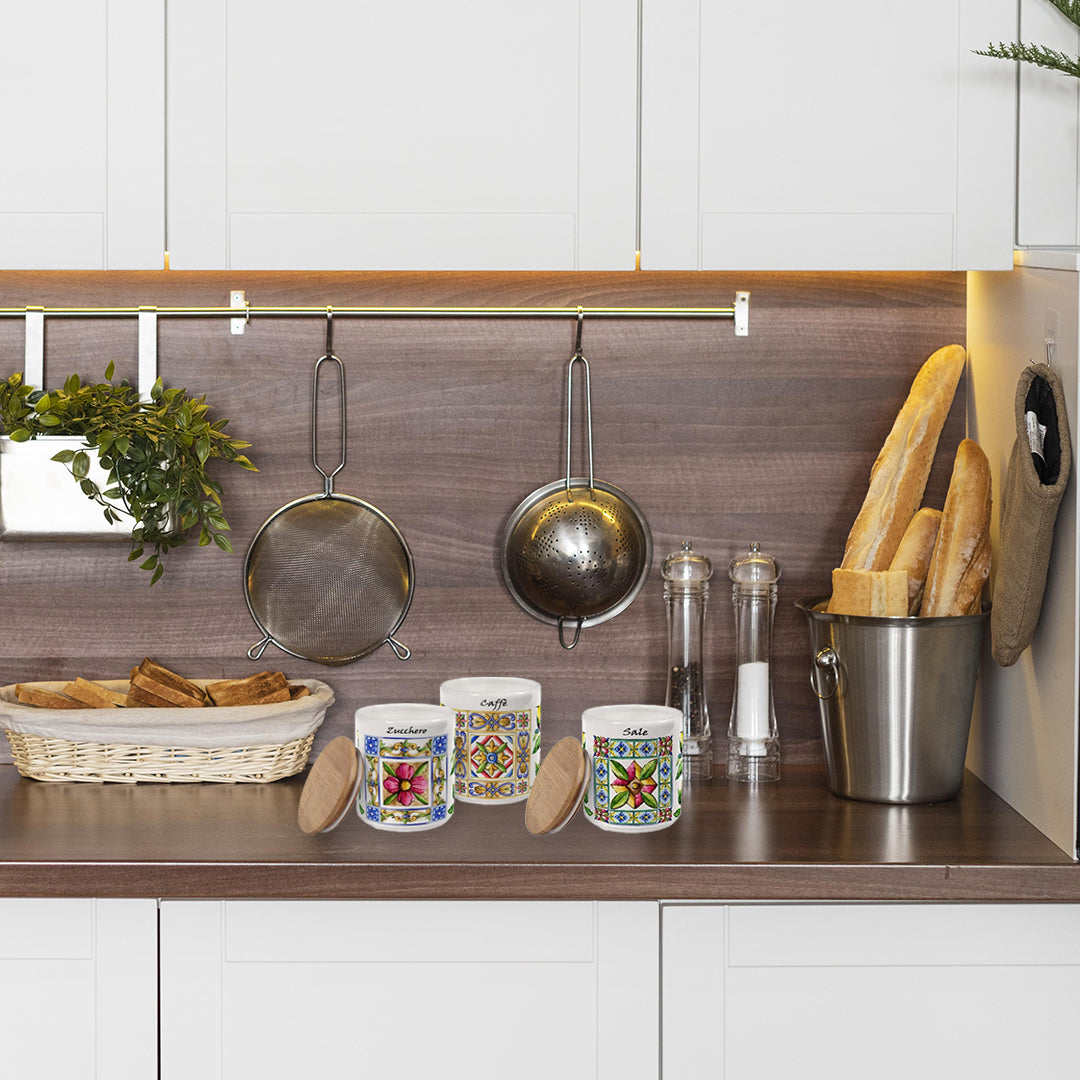 MAURY'S TERRA E SOLE TRIS BARATTOLI SALE,ZUCCHERO E CAFFÈ IN CERAMICA 10 X 12 CM