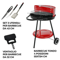 MAURY'S SET BARBECUE TONDO 4 POSIZIONI 55X72H CM + VENTAGLIO DA 32 CM + GRILL SET 3 UTENSILI 43 CM