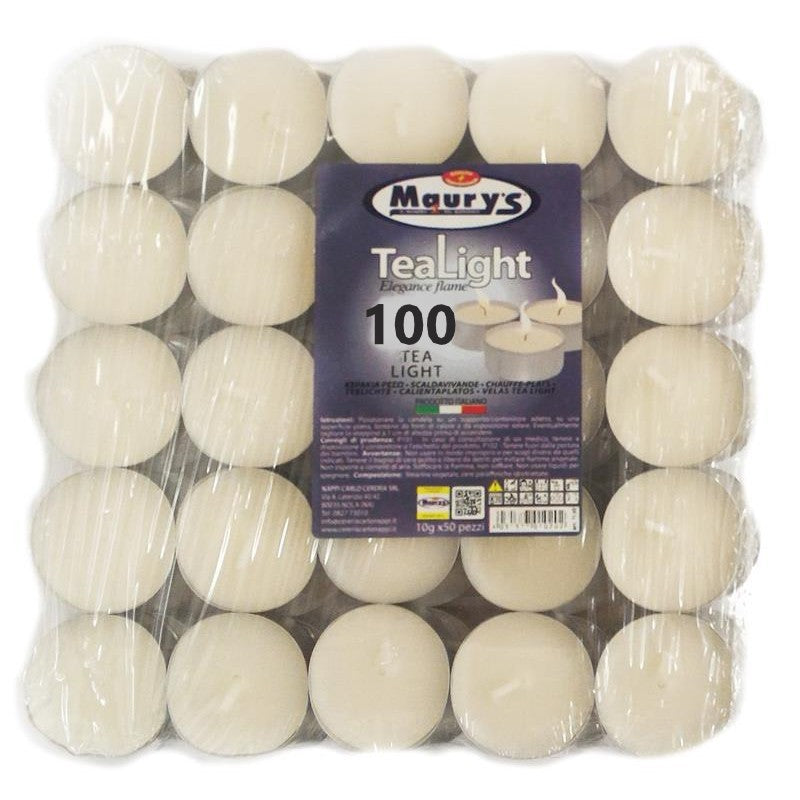 MAURY'S CANDELINE TEA LIGHT 100PZ BIANCHE SENZA PROFUMO BASE IN METALLO