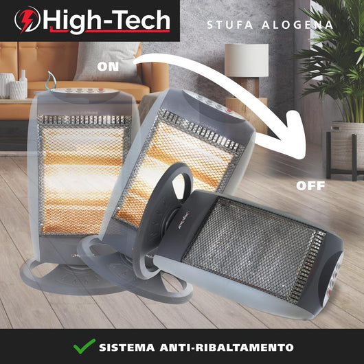 HIGH-TECH STUFA ALOGENA 400-800-1200 W 3 LIVELLI DI POTENZA SPEGNIMENTO AUTOMATICO RUOTA IN 2 DIREZIONI