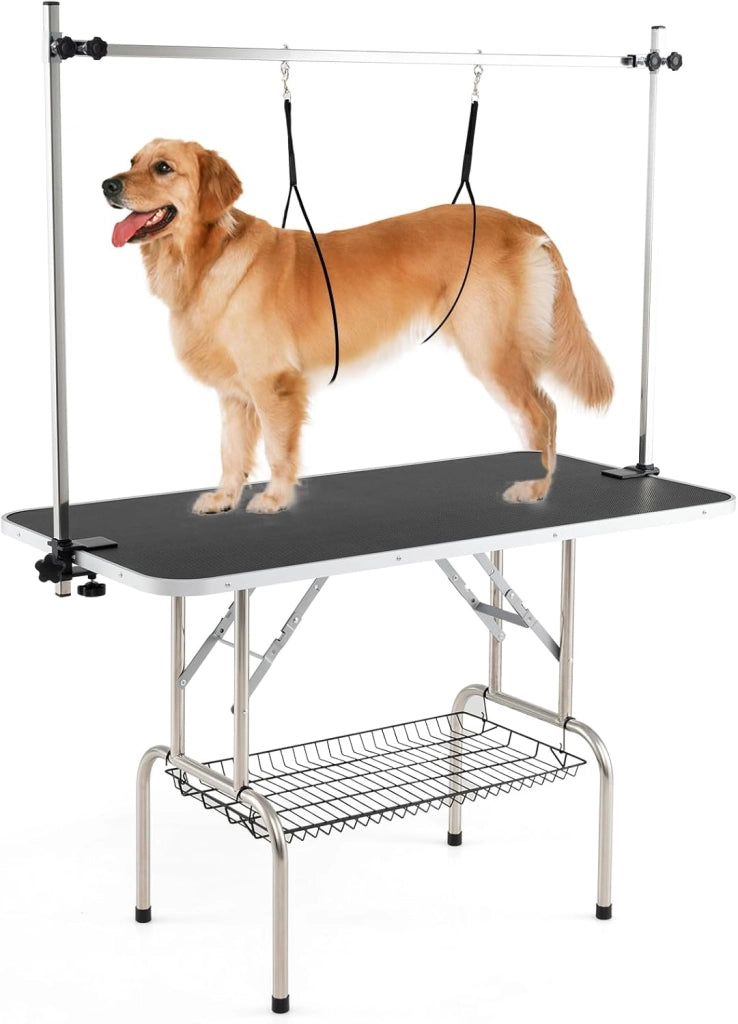 Tavolo Toelettatura e Tosatura per Animali, Accessori Pieghevole per Toilette per Cani con Bracci Regolabili in Altezza,Cappio e Piano Antiscivolo, Portata 100 kg (80,5 x 46 x 146 cm)