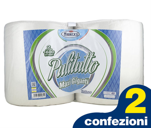 2 MAURY'S CARTA ASCIUGATUTTO INDUSTRIALE 2 ROTOLI PULITUTTO MAXI GIGANTI 1600 STRAPPI 3600GR HACCP