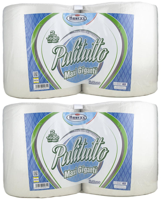 2 MAURY'S CARTA ASCIUGATUTTO INDUSTRIALE 2 ROTOLI PULITUTTO MAXI GIGANTI 1600 STRAPPI 3600GR HACCP