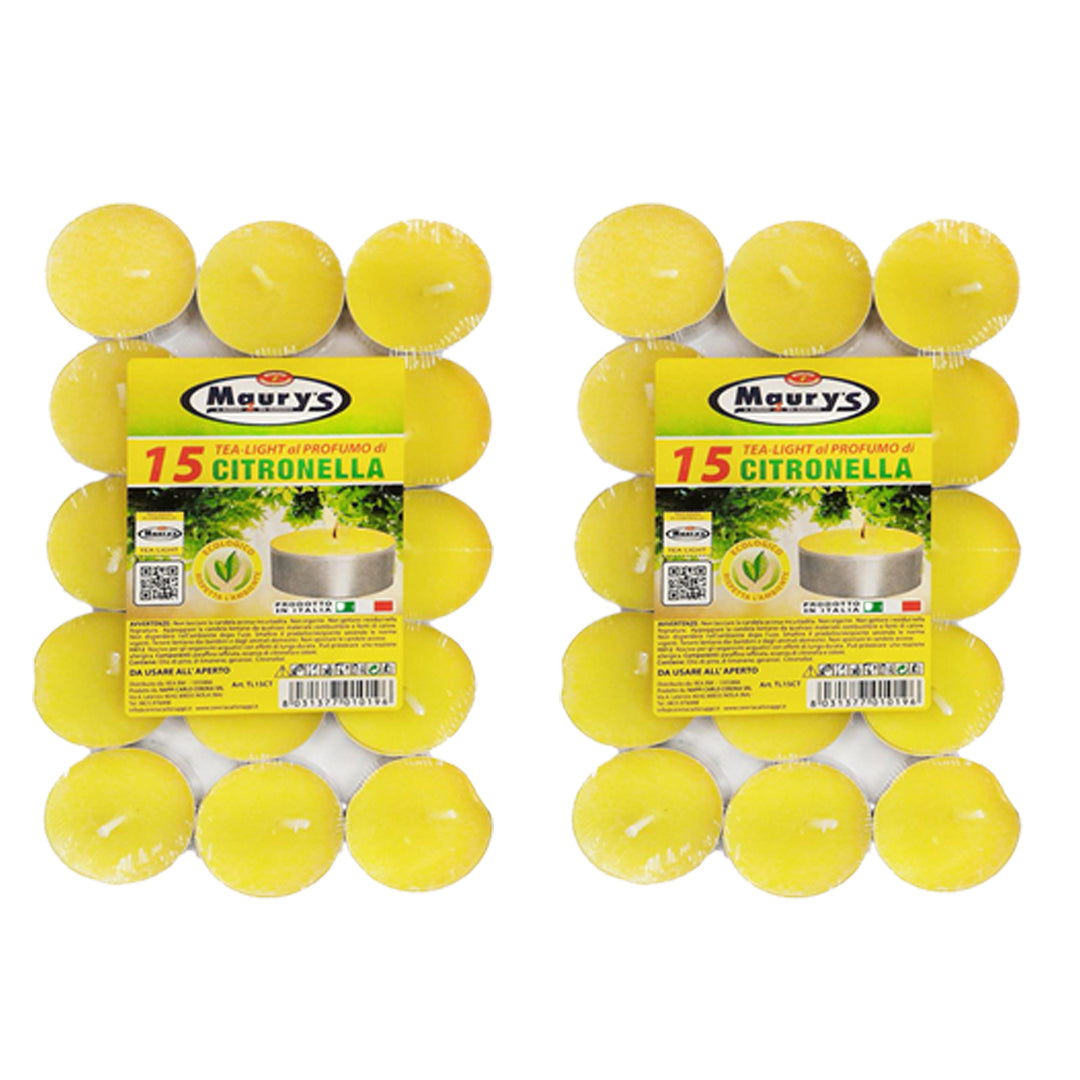 MAURY'S CANDELINE TEA LIGHT 30 PZ GIALLE CON OLIO DI CITRONELLA E BASE IN METALLO