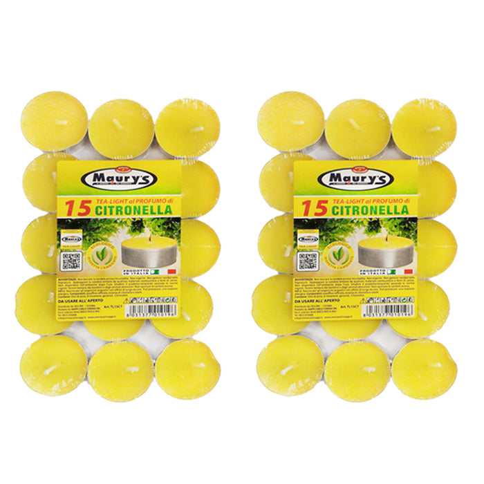 MAURY'S CANDELINE TEA LIGHT 30 PZ GIALLE CON OLIO DI CITRONELLA E BASE IN METALLO