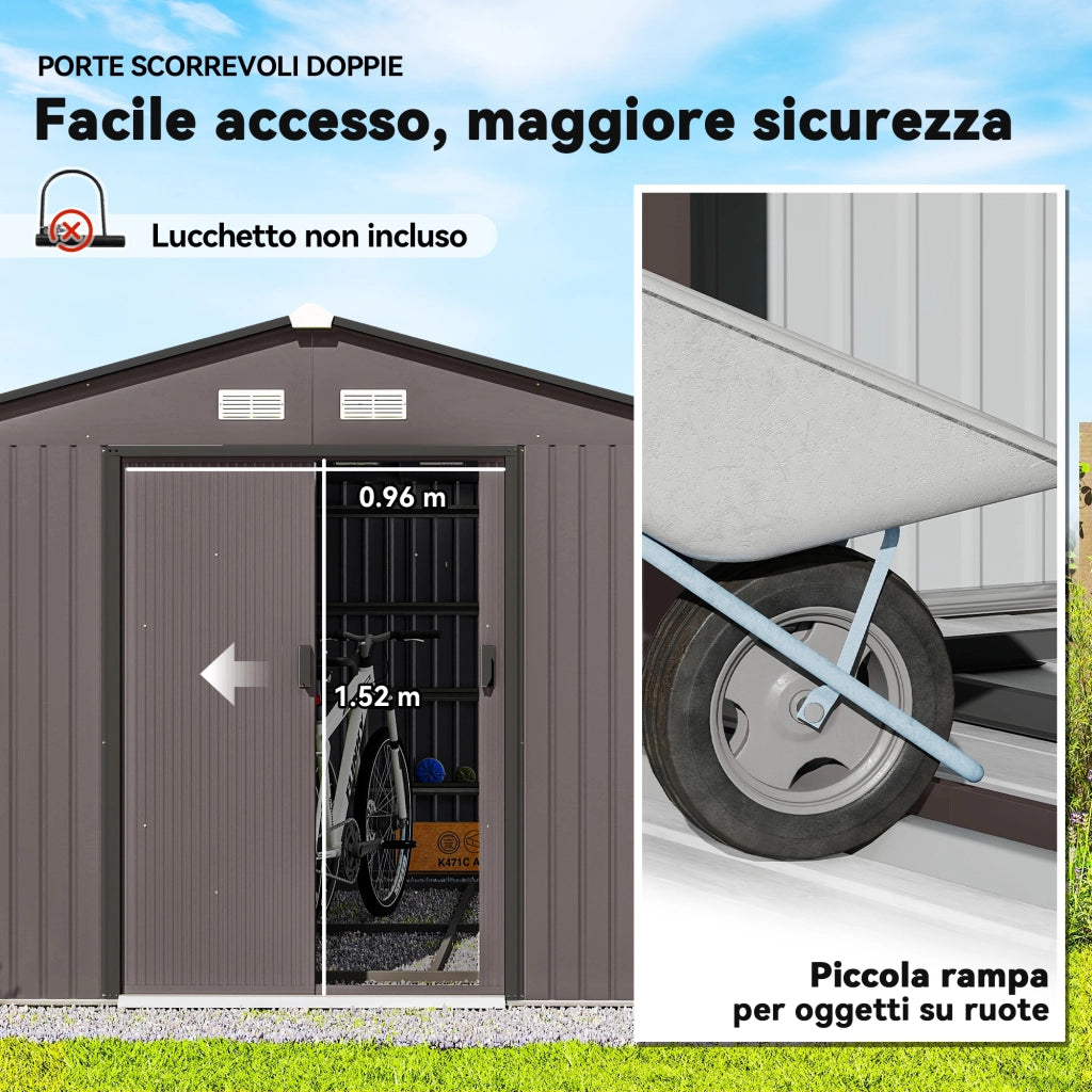 Casetta da Giardino in Acciaio con Porte Scorrevoli ¨C zephmum ¨C Marrone 322x277x192 cm