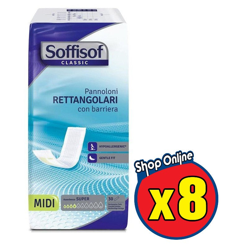 8 SOFFISOF PANNOLONI RETTANGOLARI CON BARRIERA ASSORBENZA MIDI DA 30 PZ