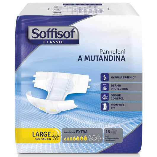 6 SOFFISOF PANNOLONI A MUTANDINA ASSORBENZA 7 EXTRA MISURA LARGE DA 15 PZ