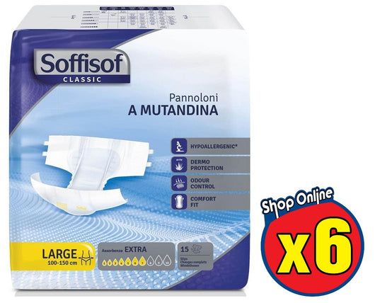 6 SOFFISOF PANNOLONI A MUTANDINA ASSORBENZA 7 EXTRA MISURA LARGE DA 15 PZ