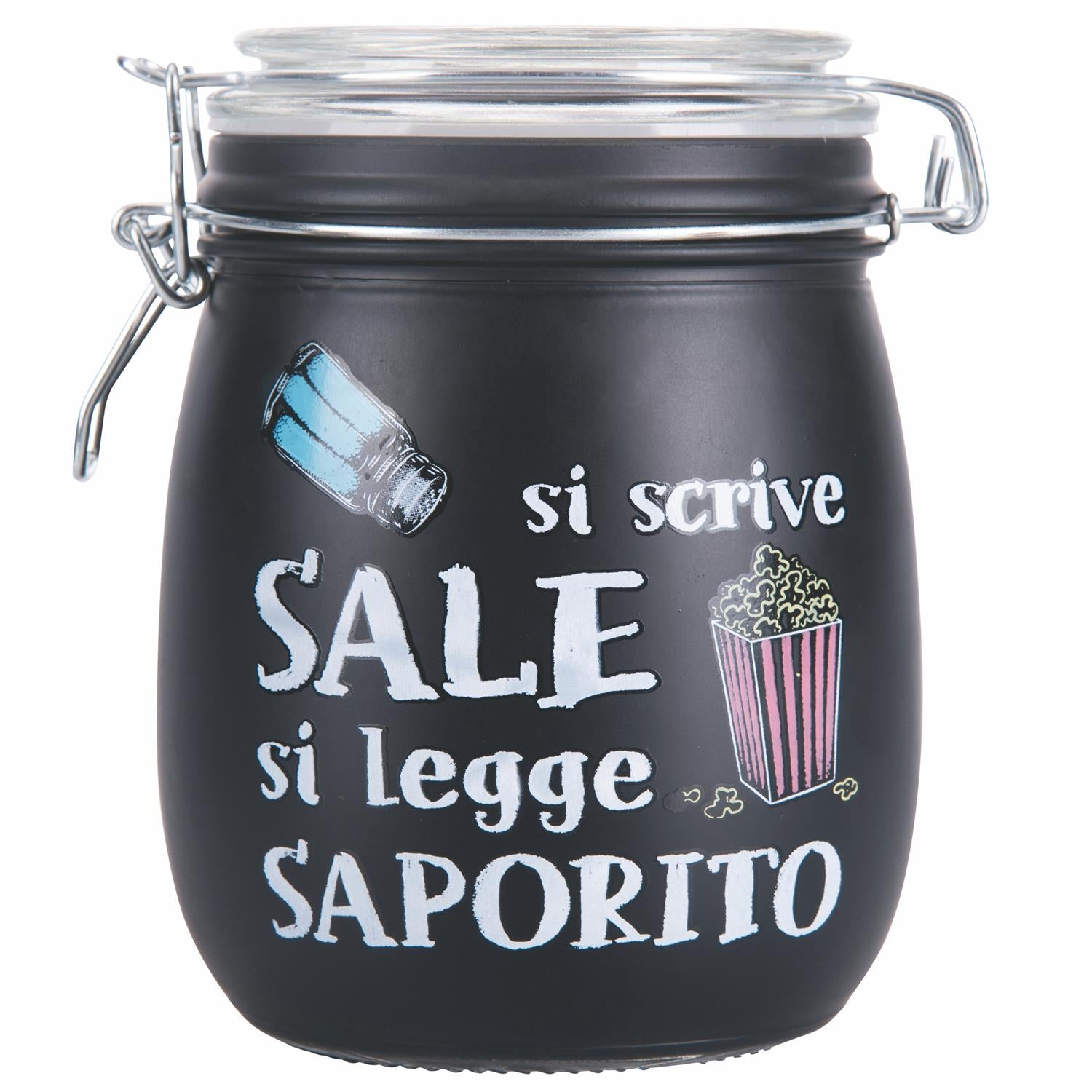 BARATTOLO SALE CON SCRITTA SI SCRIVE SALE E SI LEGGE SAPORITO 800 ML COLOR NERO CON TAPPO ERMETICO