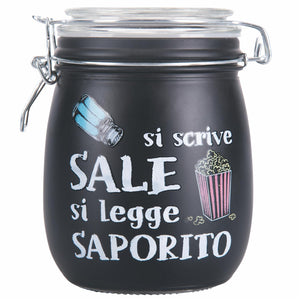 BARATTOLO SALE CON SCRITTA SI SCRIVE SALE E SI LEGGE SAPORITO 800 ML COLOR NERO CON TAPPO ERMETICO