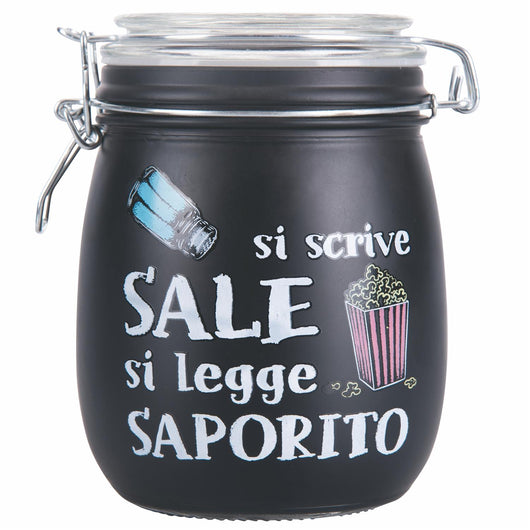 BARATTOLO SALE CON SCRITTA SI SCRIVE SALE E SI LEGGE SAPORITO 800 ML COLOR NERO CON TAPPO ERMETICO