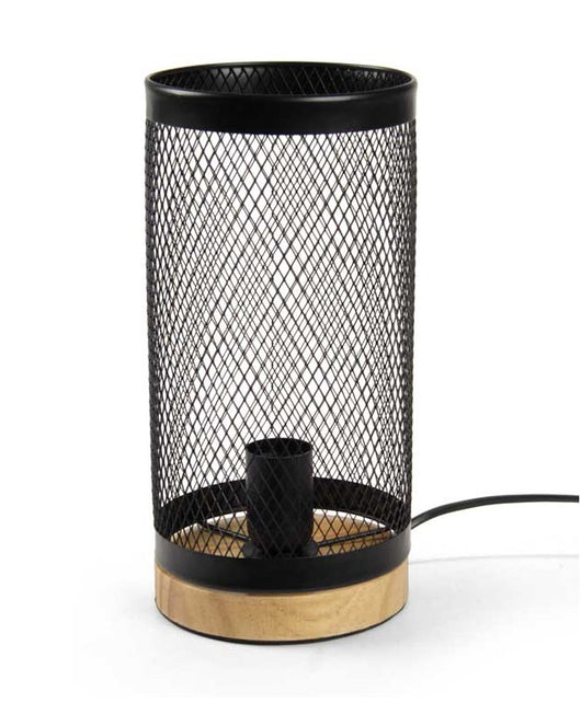 LAMPADA DA ARREDO IN METALLO CON BASE LEGNO A RETE 15X14X28CM COLORE NERO