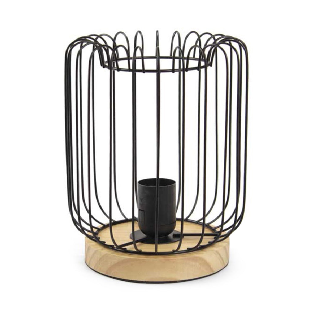 LAMPADA DA ARREDO IN METALLO NERO CON BASE IN LEGNO 17X17X24CM STILE BOHO