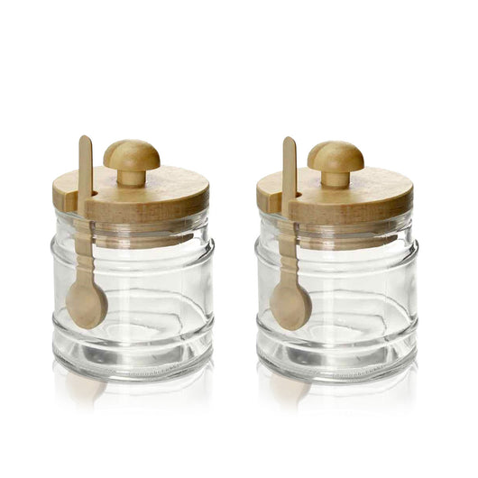 2 BARATTOLI DA CUCINA IN VETRO CON CUCCHIAIO E TAPPO IN LEGNO 8X11CM CAPIENZA 300 ML
