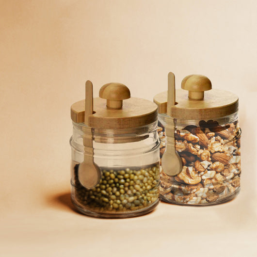 2 BARATTOLI DA CUCINA IN VETRO CON CUCCHIAIO E TAPPO IN LEGNO 8X11CM CAPIENZA 300 ML