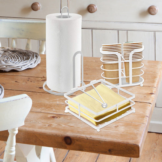 SET DA CUCINA IN FILO DI FERRO 16X16X31CM IN COLORE BIANCO CON PORTAROTOLO, PORTATOVAGLIOLI E PORTABICCHIERI