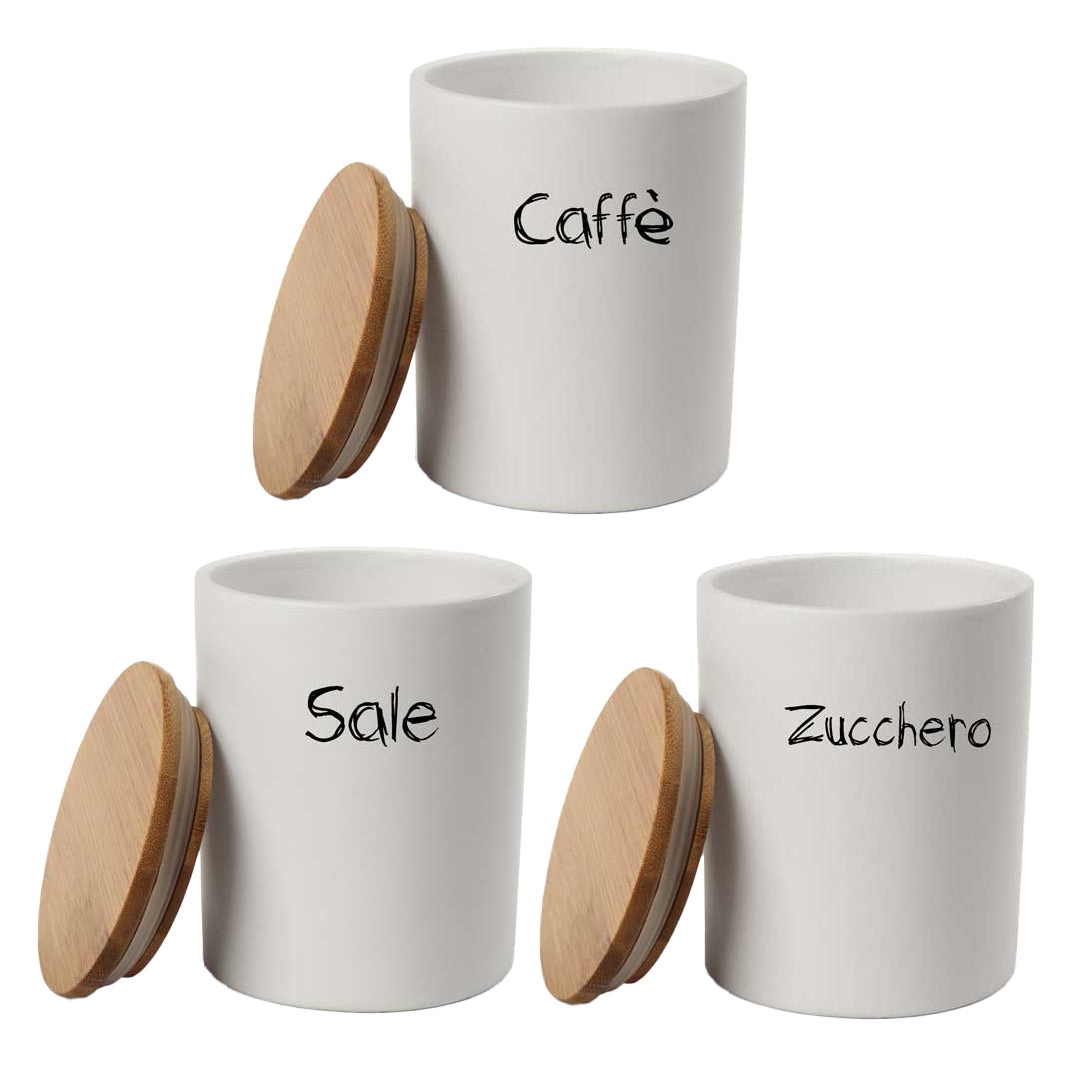 MAURY'S TRIS BARATTOLI PER ZUCCHERO TONDI 10X13 CM CON TOP IN LEGNO E CHIUSURA ERMETICA AD INCASTRO