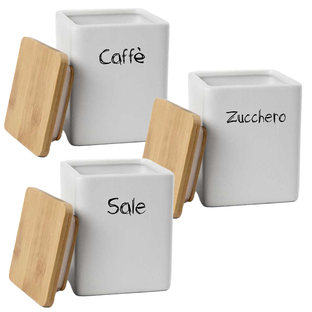 MAURY'S TRIS BARATTOLI QUADRATI CERAMICA TOP LEGNO 10X13CM SALE,ZUCCHERO E CAFFÈ E CHIUSURA ERMETICA AD INCASTRO