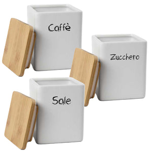 MAURY'S TRIS BARATTOLI QUADRATI CERAMICA TOP LEGNO 10X13CM SALE,ZUCCHERO E CAFFÈ E CHIUSURA ERMETICA AD INCASTRO