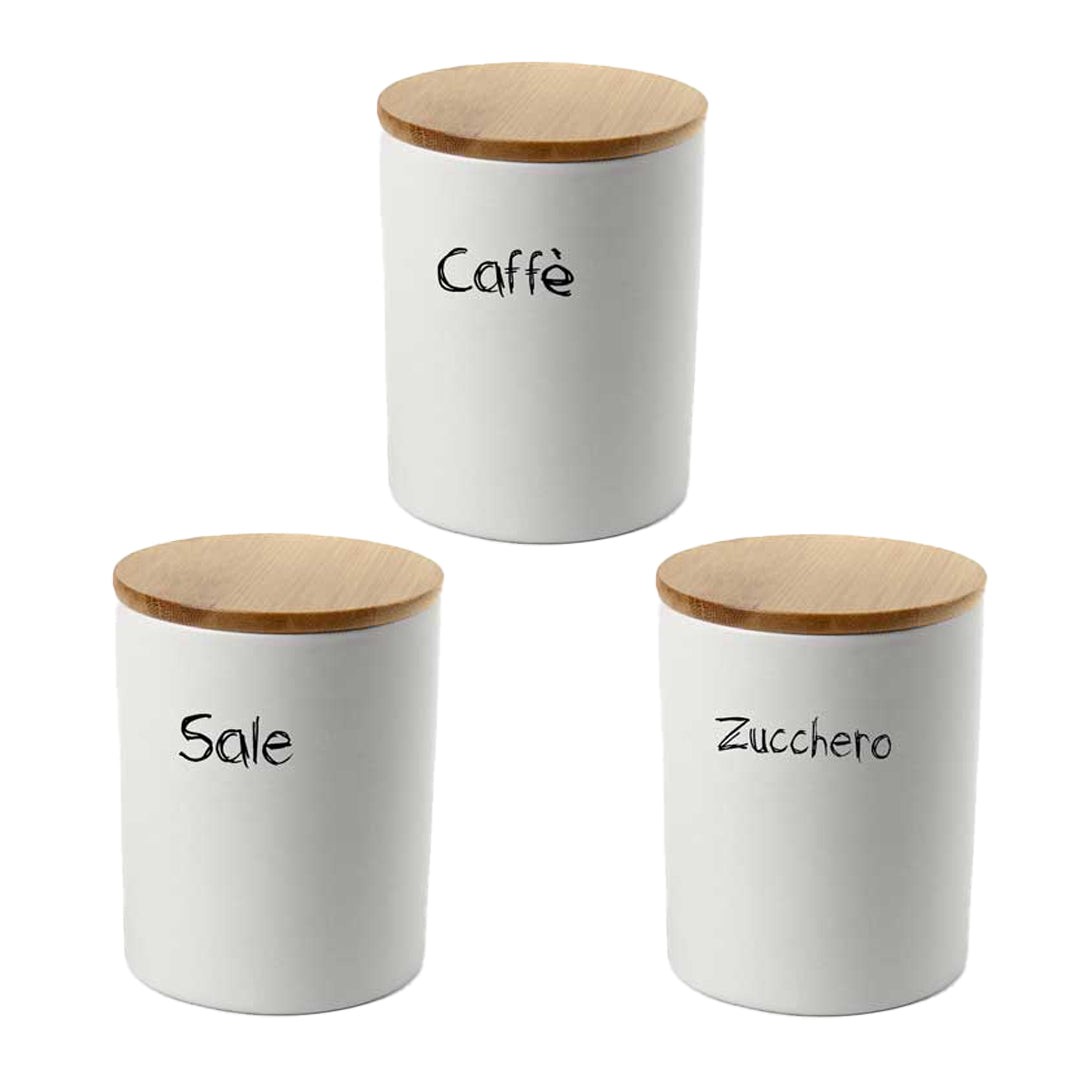 MAURY'S TRIS BARATTOLI PER ZUCCHERO TONDI 10X13 CM CON TOP IN LEGNO E CHIUSURA ERMETICA AD INCASTRO