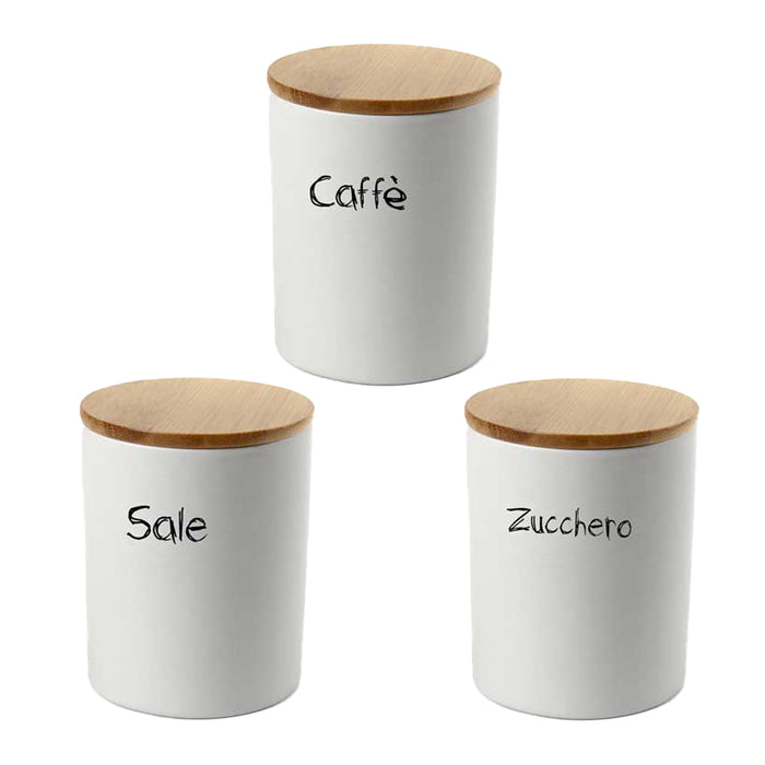 MAURY'S TRIS BARATTOLI PER ZUCCHERO TONDI 10X13 CM CON TOP IN LEGNO E CHIUSURA ERMETICA AD INCASTRO