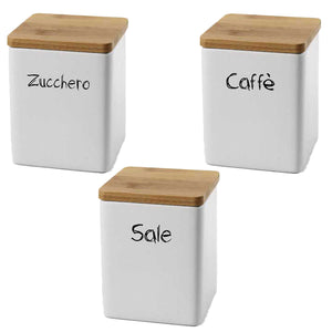 MAURY'S TRIS BARATTOLI QUADRATI CERAMICA TOP LEGNO 10X13CM SALE,ZUCCHERO E CAFFÈ E CHIUSURA ERMETICA AD INCASTRO