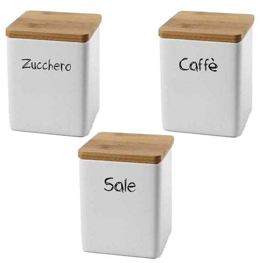 MAURY'S TRIS BARATTOLI QUADRATI CERAMICA TOP LEGNO 10X13CM SALE,ZUCCHERO E CAFFÈ E CHIUSURA ERMETICA AD INCASTRO