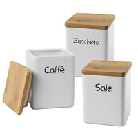 MAURY'S TRIS BARATTOLI QUADRATI CERAMICA TOP LEGNO 10X13CM SALE,ZUCCHERO E CAFFÈ E CHIUSURA ERMETICA AD INCASTRO