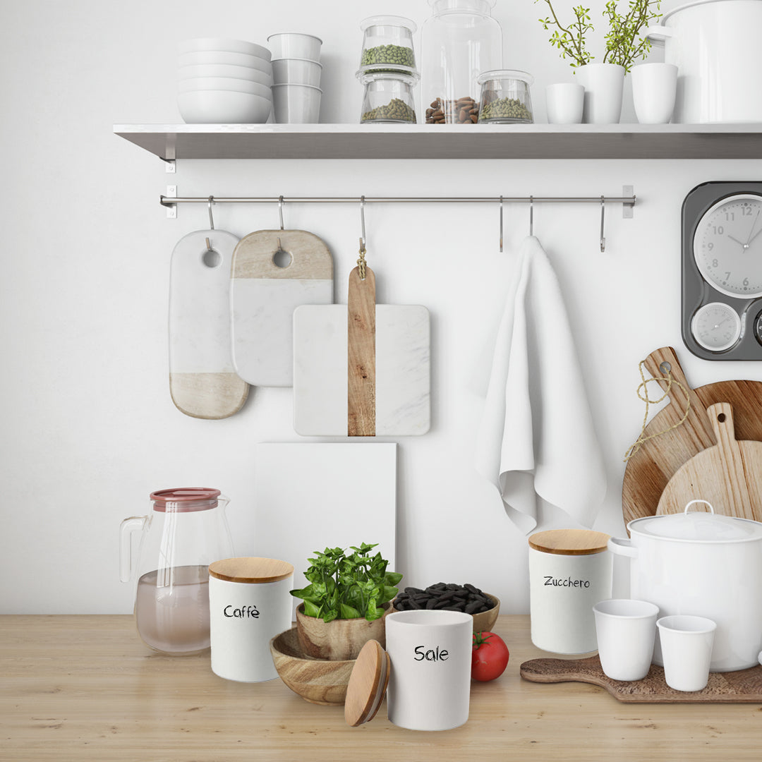 MAURY'S TRIS BARATTOLI PER ZUCCHERO TONDI 10X13 CM CON TOP IN LEGNO E CHIUSURA ERMETICA AD INCASTRO