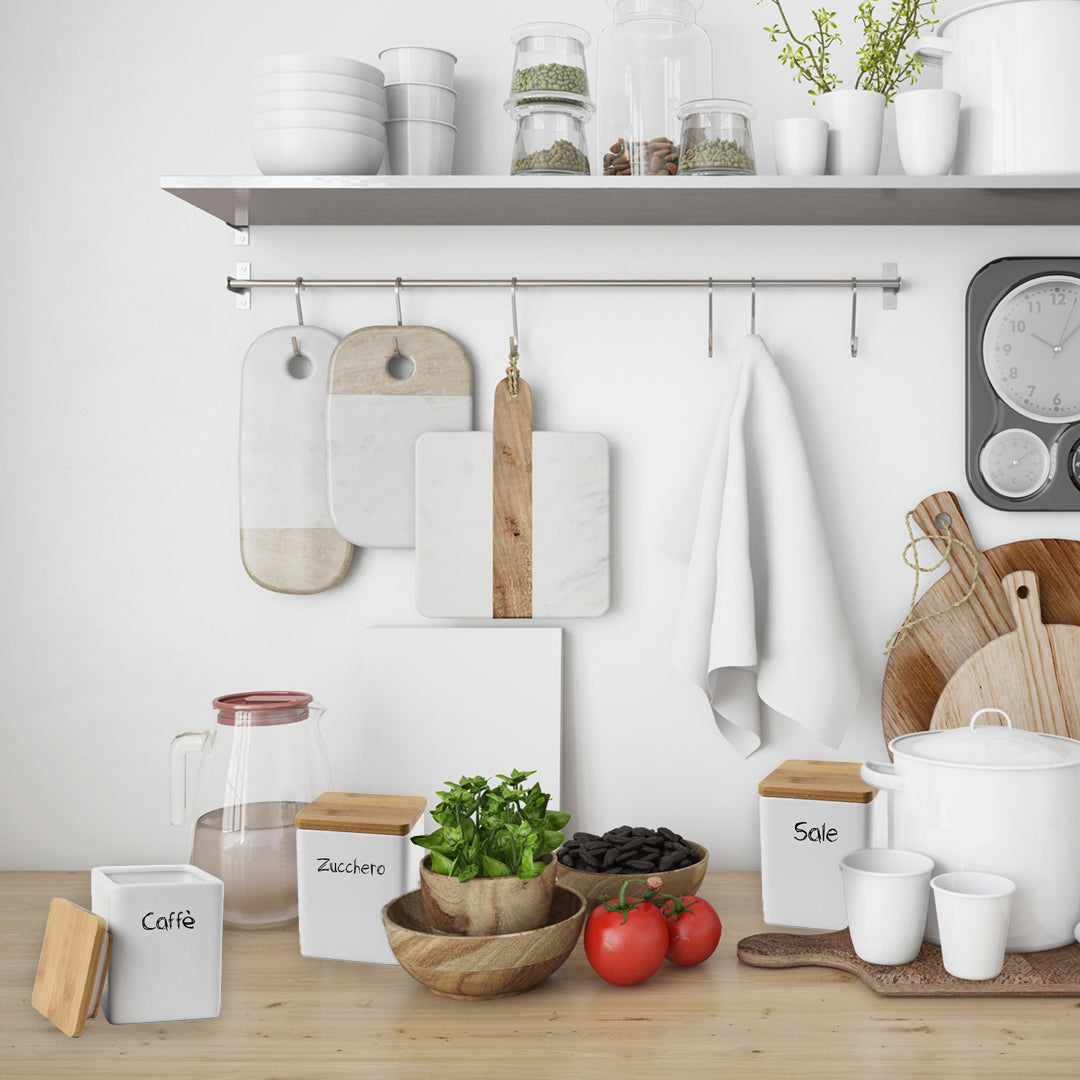 MAURY'S TRIS BARATTOLI QUADRATI CERAMICA TOP LEGNO 10X13CM SALE,ZUCCHERO E CAFFÈ E CHIUSURA ERMETICA AD INCASTRO