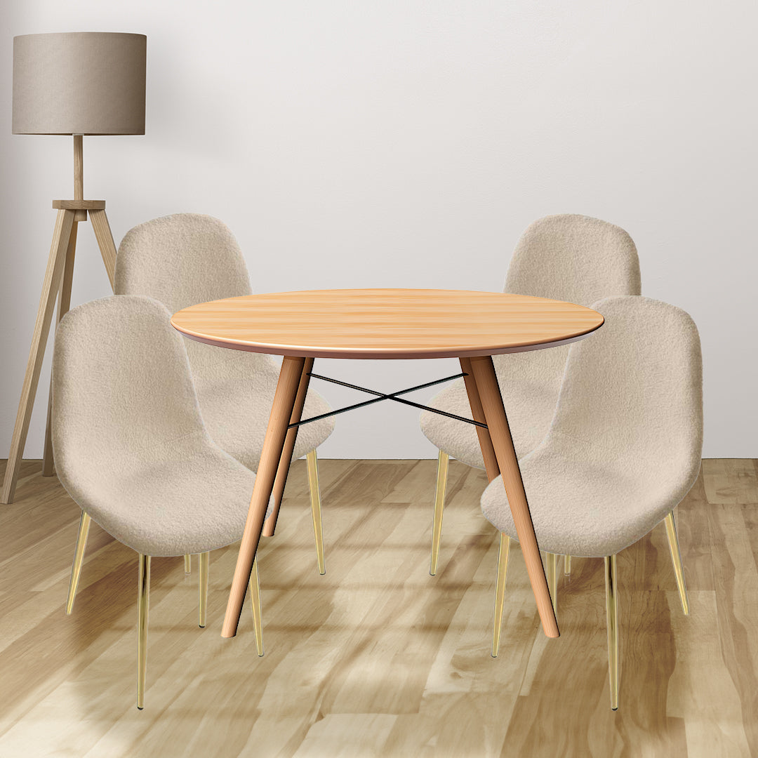 SET 4 SEDIE IMBOTTITE TEDDY IN TESSUTO BEIGE CON GAMBE ORO 44X48X88 CM