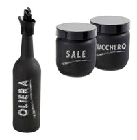 SET DA TAVOLA CON OLIERA, BARATTOLO DI SALE E ZUCCHERO IN VETRO SATINATO NERO