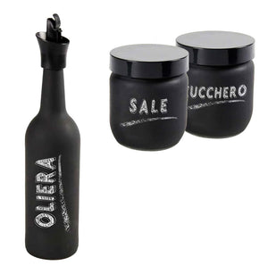 SET DA TAVOLA CON OLIERA, BARATTOLO DI SALE E ZUCCHERO IN VETRO SATINATO NERO