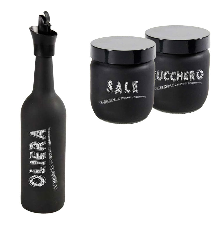 SET DA TAVOLA CON OLIERA, BARATTOLO DI SALE E ZUCCHERO IN VETRO SATINATO NERO
