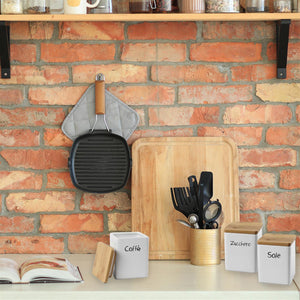 MAURY'S TRIS BARATTOLI QUADRATI CERAMICA TOP LEGNO 10X13CM SALE,ZUCCHERO E CAFFÈ E CHIUSURA ERMETICA AD INCASTRO