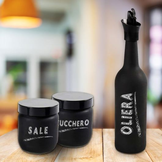 SET DA TAVOLA CON OLIERA, BARATTOLO DI SALE E ZUCCHERO IN VETRO SATINATO NERO