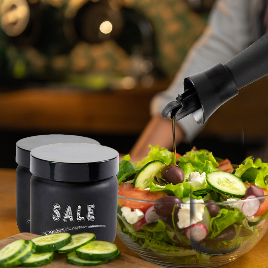 SET DA TAVOLA CON OLIERA, BARATTOLO DI SALE E ZUCCHERO IN VETRO SATINATO NERO