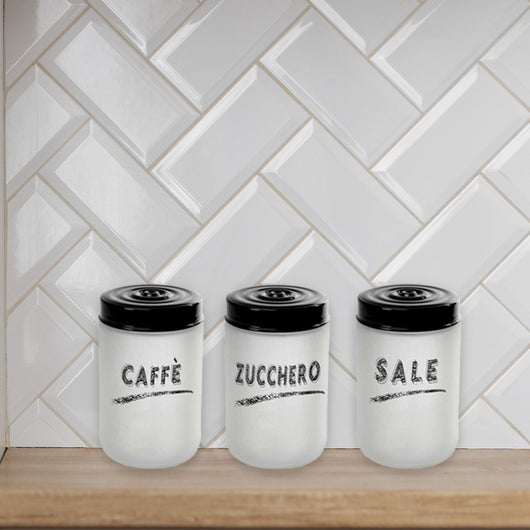 MAURY'S TRIS DI BARATTOLI IN VETRO SATINATO OPACO DA 660CC CON TOP NERO