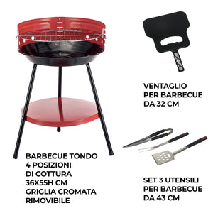 MAURY'S SET BARBECUE TONDO 4 POSIZIONI 36X55H CM + VENTAGLIO DA 32 CM + GRILL SET 3 UTENSILI 43 CM