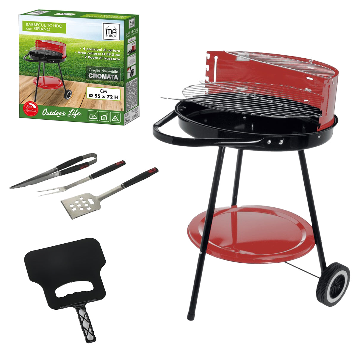 MAURY'S SET BARBECUE TONDO 4 POSIZIONI 55X75H CM + VENTAGLIO DA 32 CM + GRILL SET 3 UTENSILI 43 CM