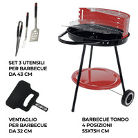MAURY'S SET BARBECUE TONDO 4 POSIZIONI 55X75H CM + VENTAGLIO DA 32 CM + GRILL SET 3 UTENSILI 43 CM