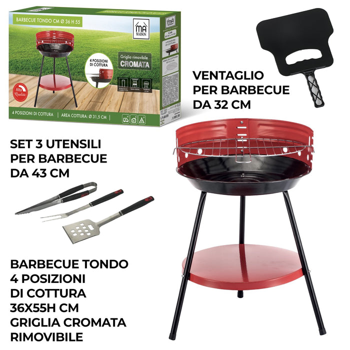 MAURY'S SET BARBECUE TONDO 4 POSIZIONI 36X55H CM + VENTAGLIO DA 32 CM + GRILL SET 3 UTENSILI 43 CM