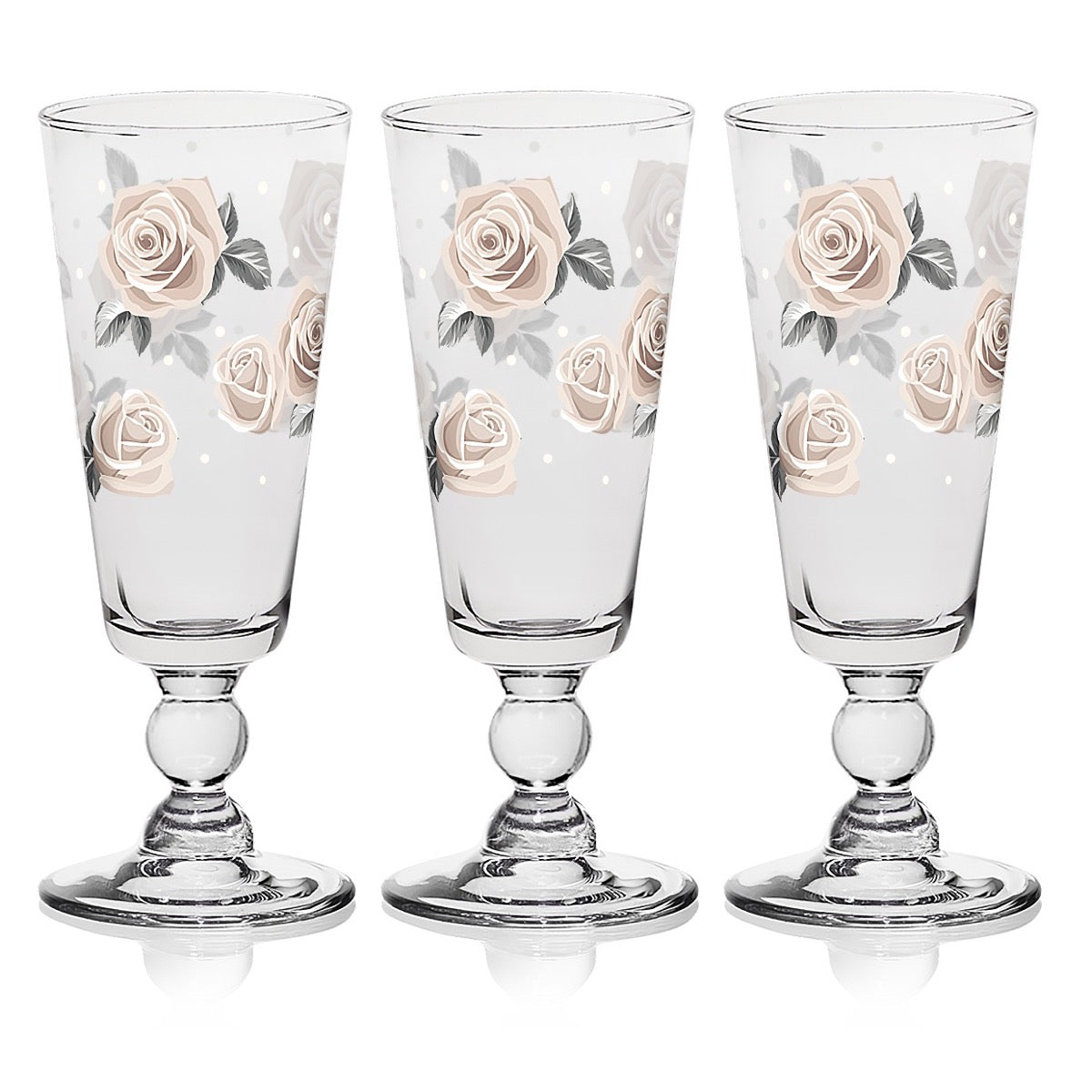 DARLING ROSE TRIS DI FLUTE DA 750 CC IN VETRO CON DECORO A ROSE