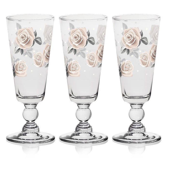 DARLING ROSE TRIS DI FLUTE DA 750 CC IN VETRO CON DECORO A ROSE