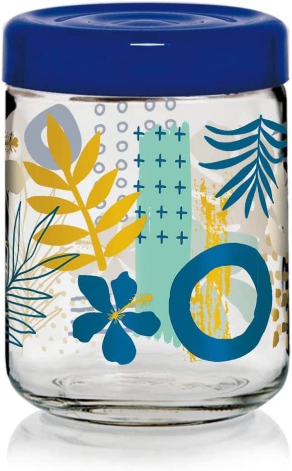 ALMA BARATTOLO DA CUCINA IN VETRO DA 800 CC CON TAPPO BLU E DESIGN FLOREALE