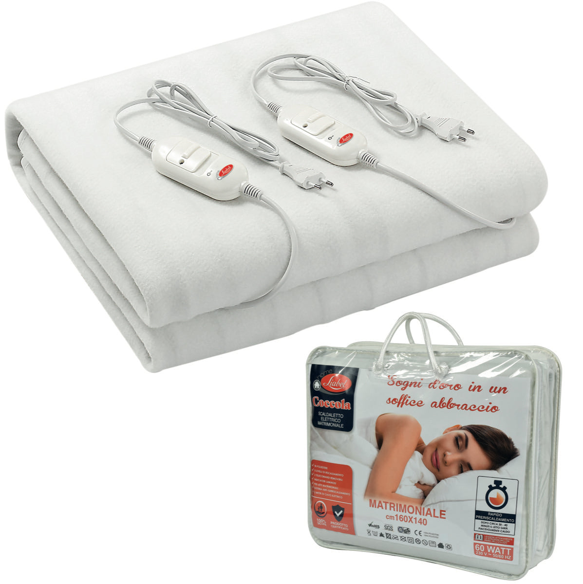 SCALDALETTO  ELETTRICO MATRIMONIALE 160X140 CM POTENZA 60 WATT 2 TELECOMANDI REMOVIBILI 2 LIVELLI DI RISCALDAMENTO LAVABILE IN LAVATRICE CAVO DI 2 METRI SISTEMA ANTI-SURRISCALDAMENTO