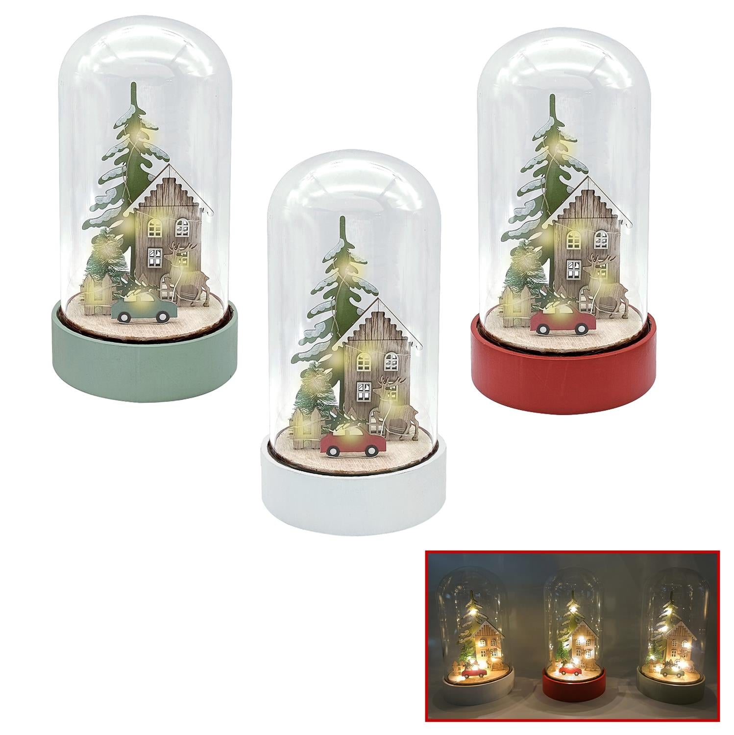 CAMPANA IN VETRO CON PAESAGGIO NATALIZIO CON LED IN COLORE ASSORTITO 11X21 CM